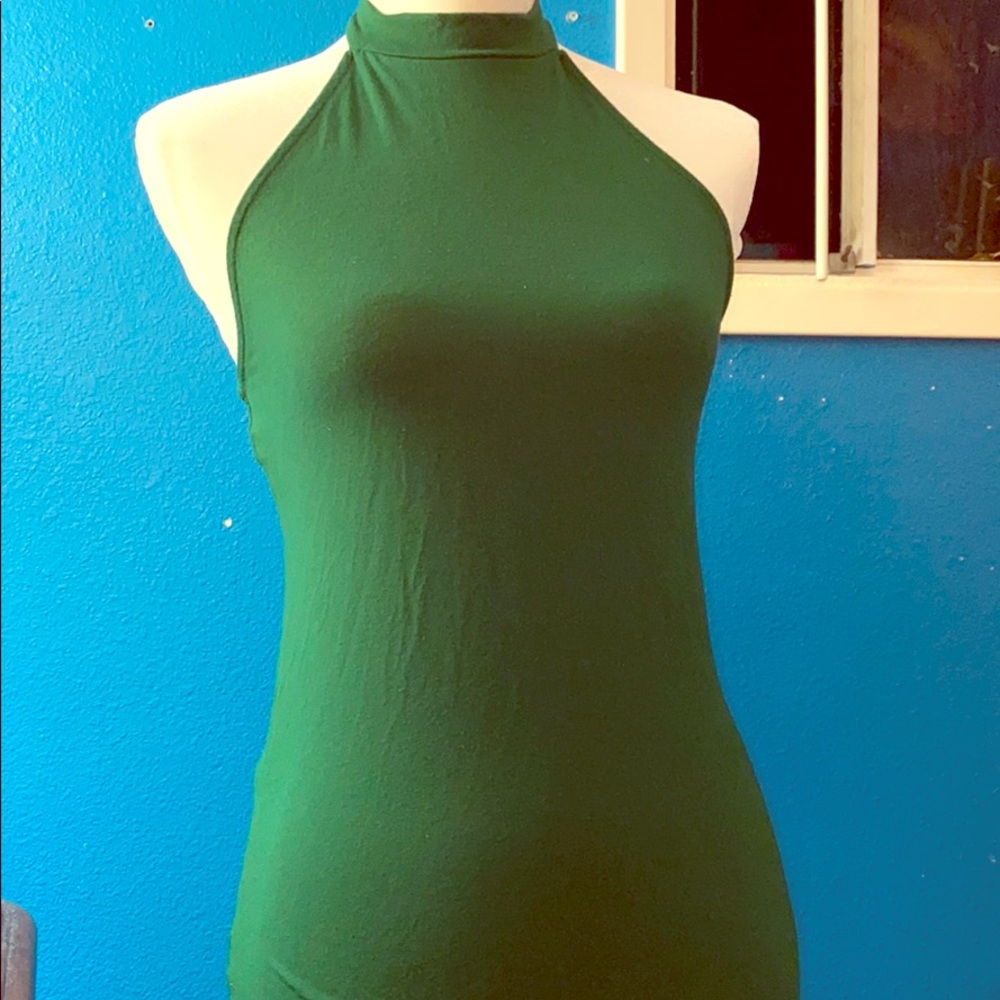 Green halter dress.